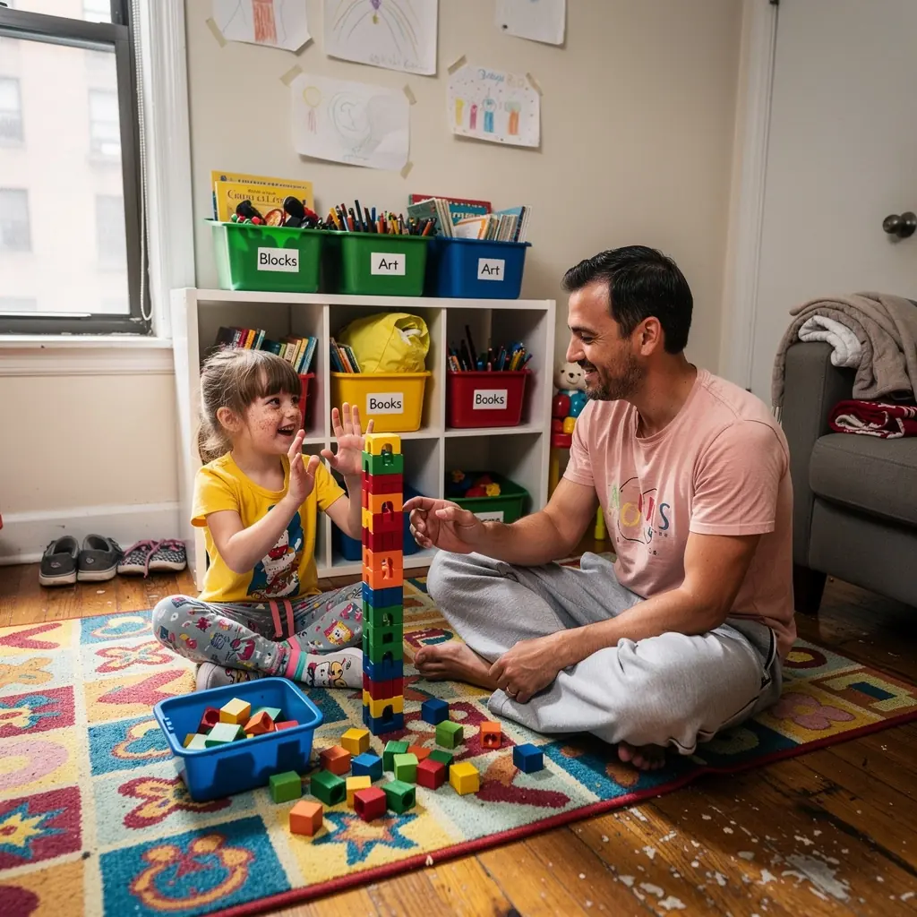 Nowoczesny mały salon z inteligentnymi rozwiązaniami do przechowywania i ciepłym oświetleniem.